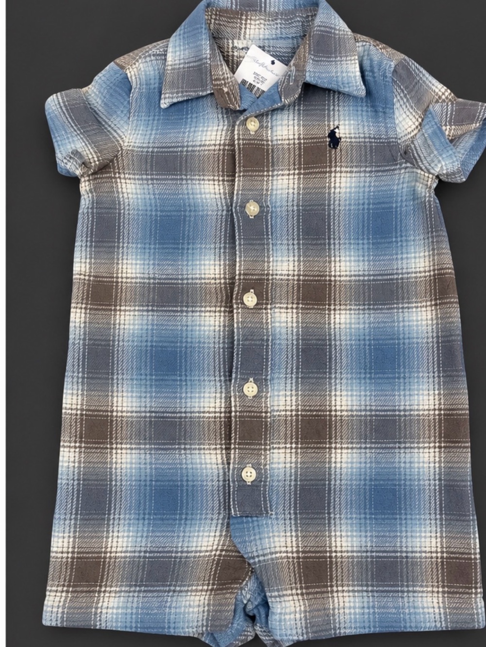 Ralph Lauren Blue and Brown Plaid Button-Front Short-Sleeve Romper